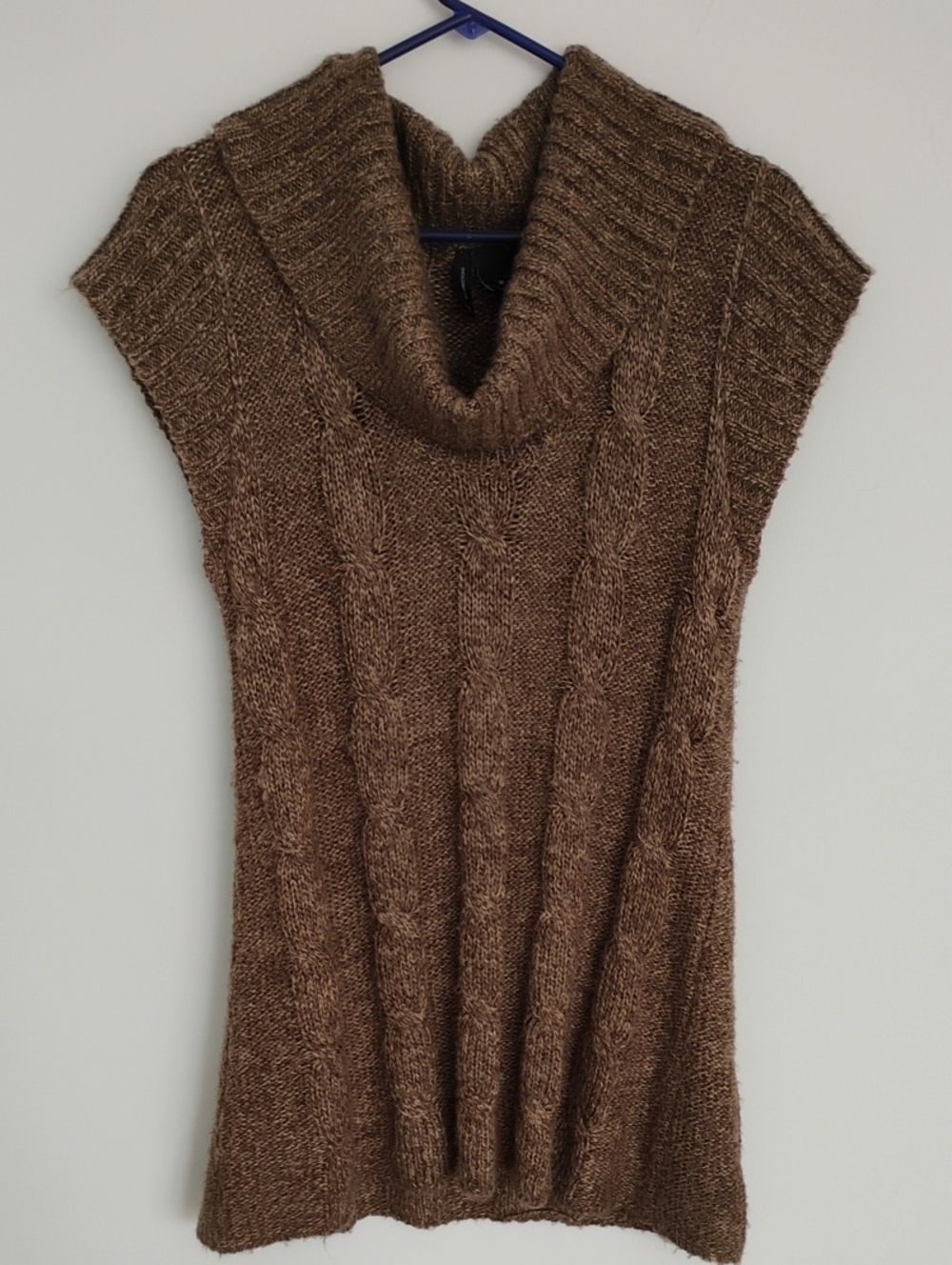 New Directions Cap Sleeve Cowl Neck Cable Knit Brown Tunic Sweater Dress Size M